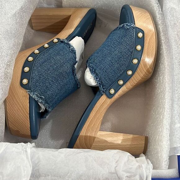 Stuart Weitzman Pearl Washed Denim Clog Sandals NIB Size 7.5B - Picture 2 of 12